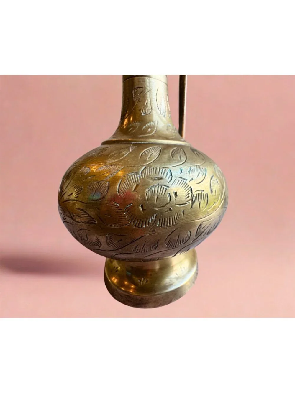 Vintage Hand Engraved Brass Ewer Pitcher Etched Floral Decorative Vase 10.25
